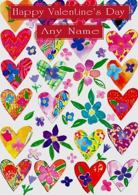 Add A Name Valentine-Colourful Hearts And Flowers