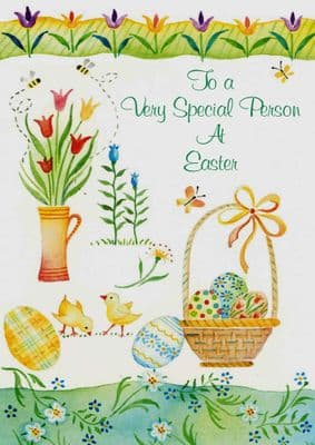 Easter Card-Basket, Eggs And Flowers