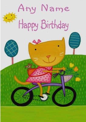Girl Cat On A Bicycle Birthday Card