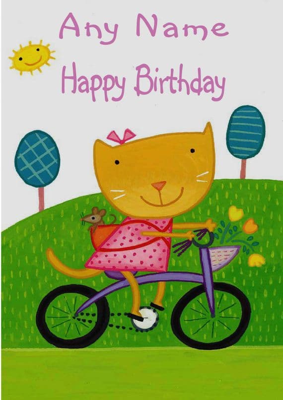 Girl Cat On A Bicycle Birthday Card