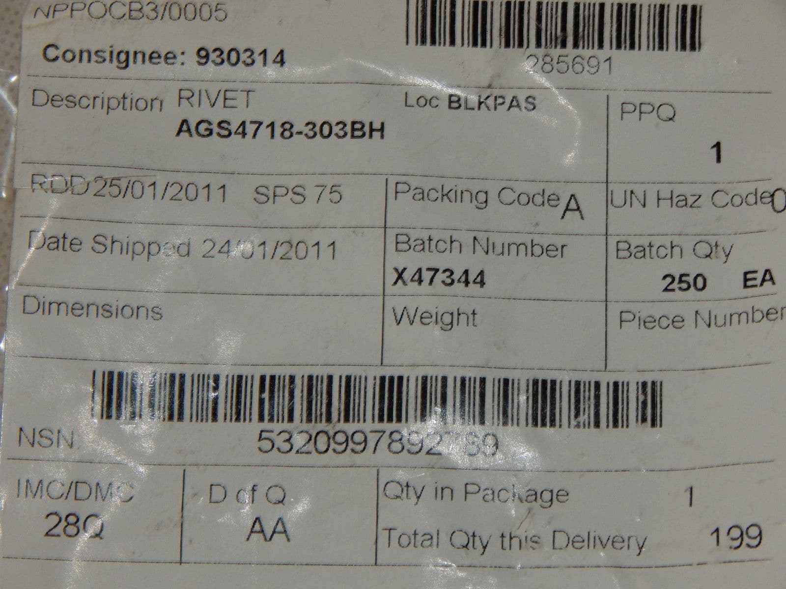 250 x Rivets CSK Light Alloy 3/32