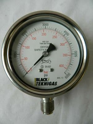 Black Teknigas 0-6000 PSI 0-400 Bar Oxygen Pressure Gauge [1R9D]