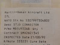 Martin Baker Ejection Seat Stud Connector 8-32 UNC Part No. MBEU93068 [1R1C]