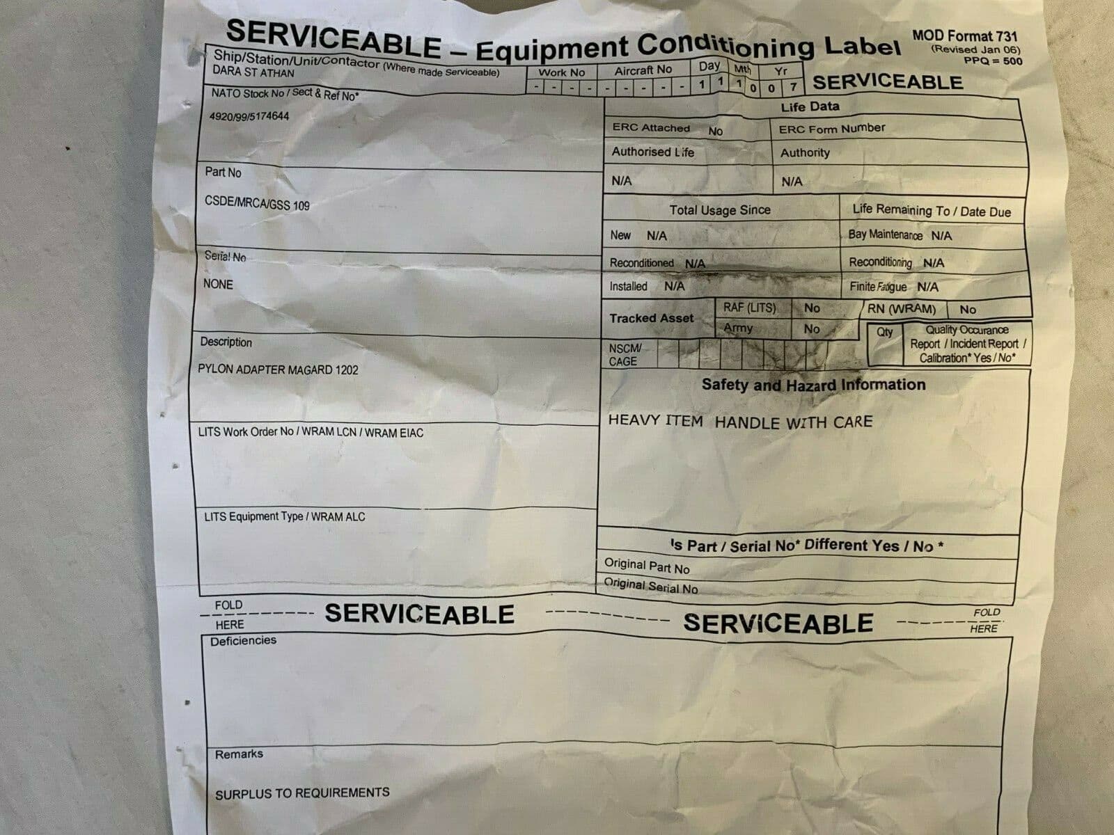 Tornado Aircraft Pylon Loading Transportation Adaptor Frame GR383A