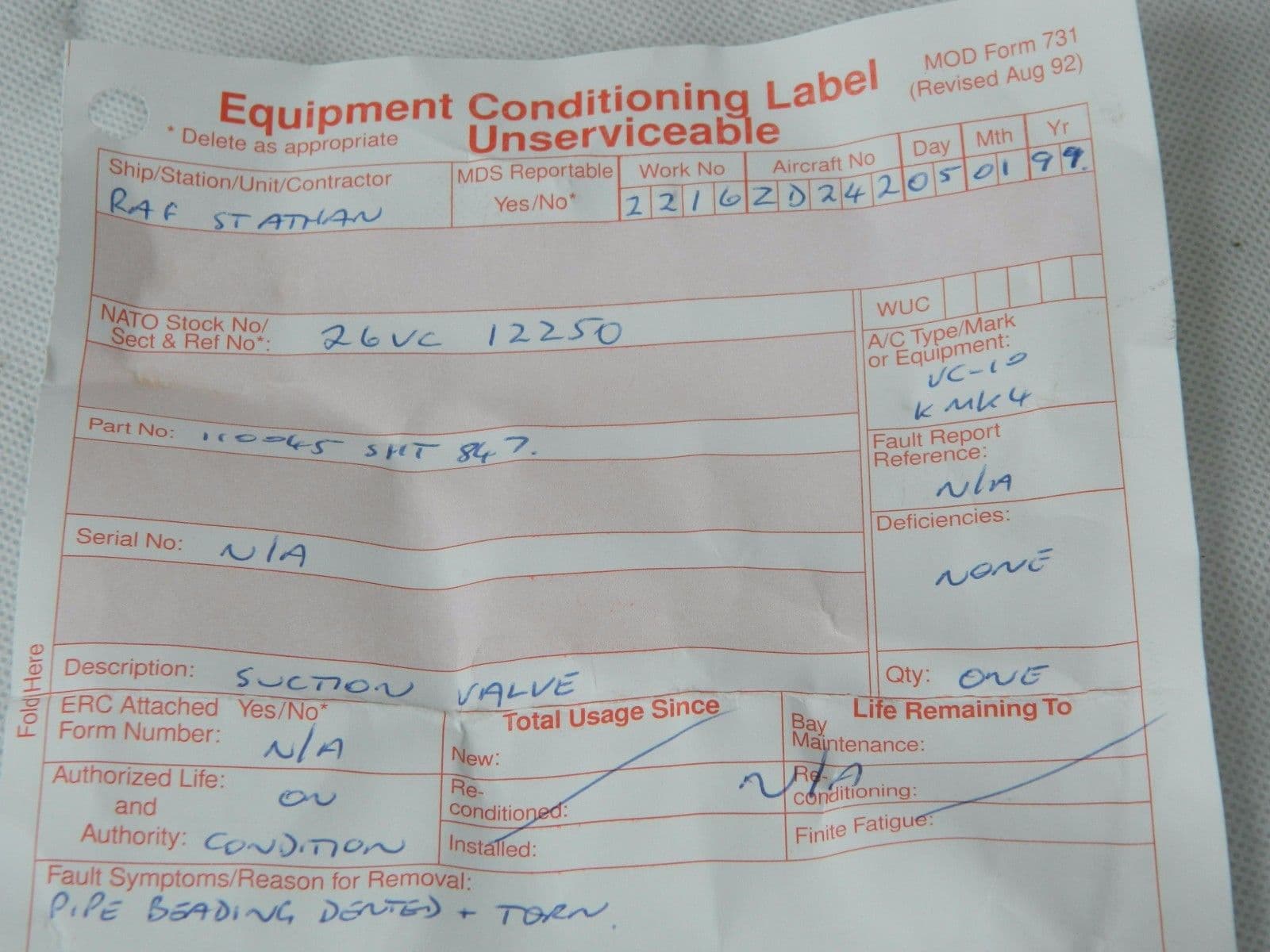 VC10 Aircraft Suction Valve As Used In Aircraft ZD242 1R8B