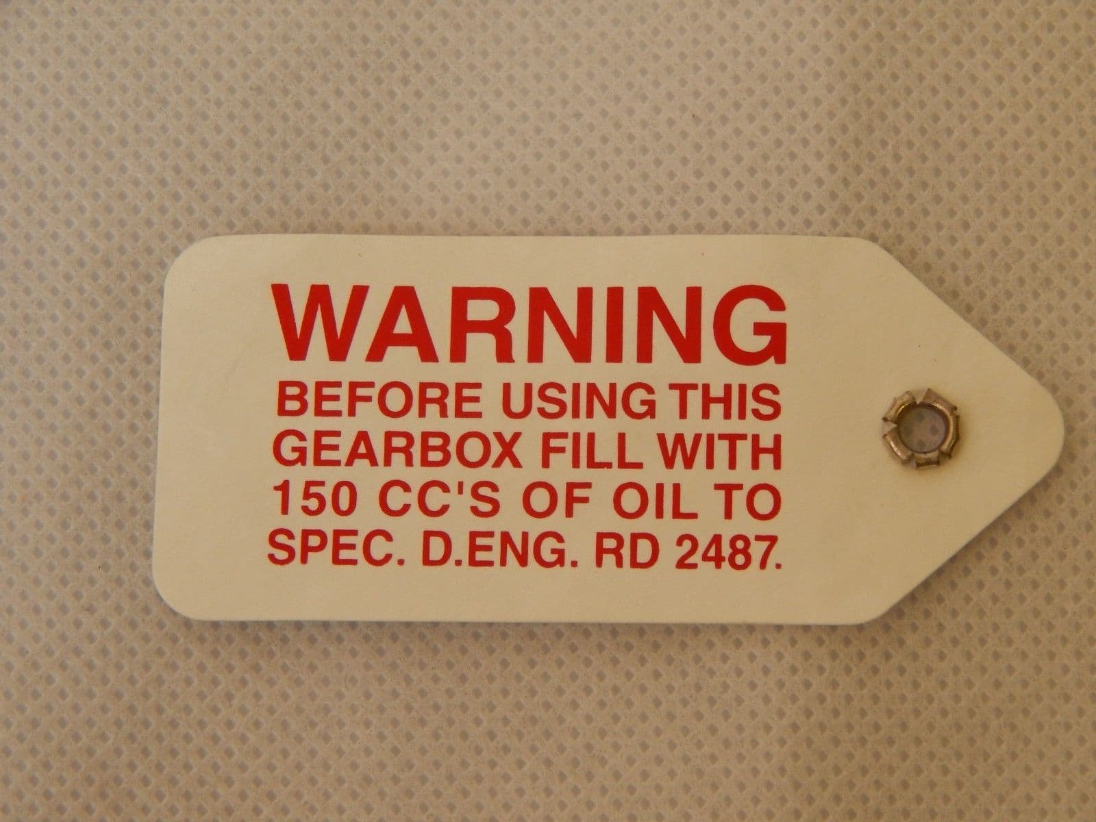 WARNING Label for Gearbox Oil Level 7 5 x 3 5cm J15
