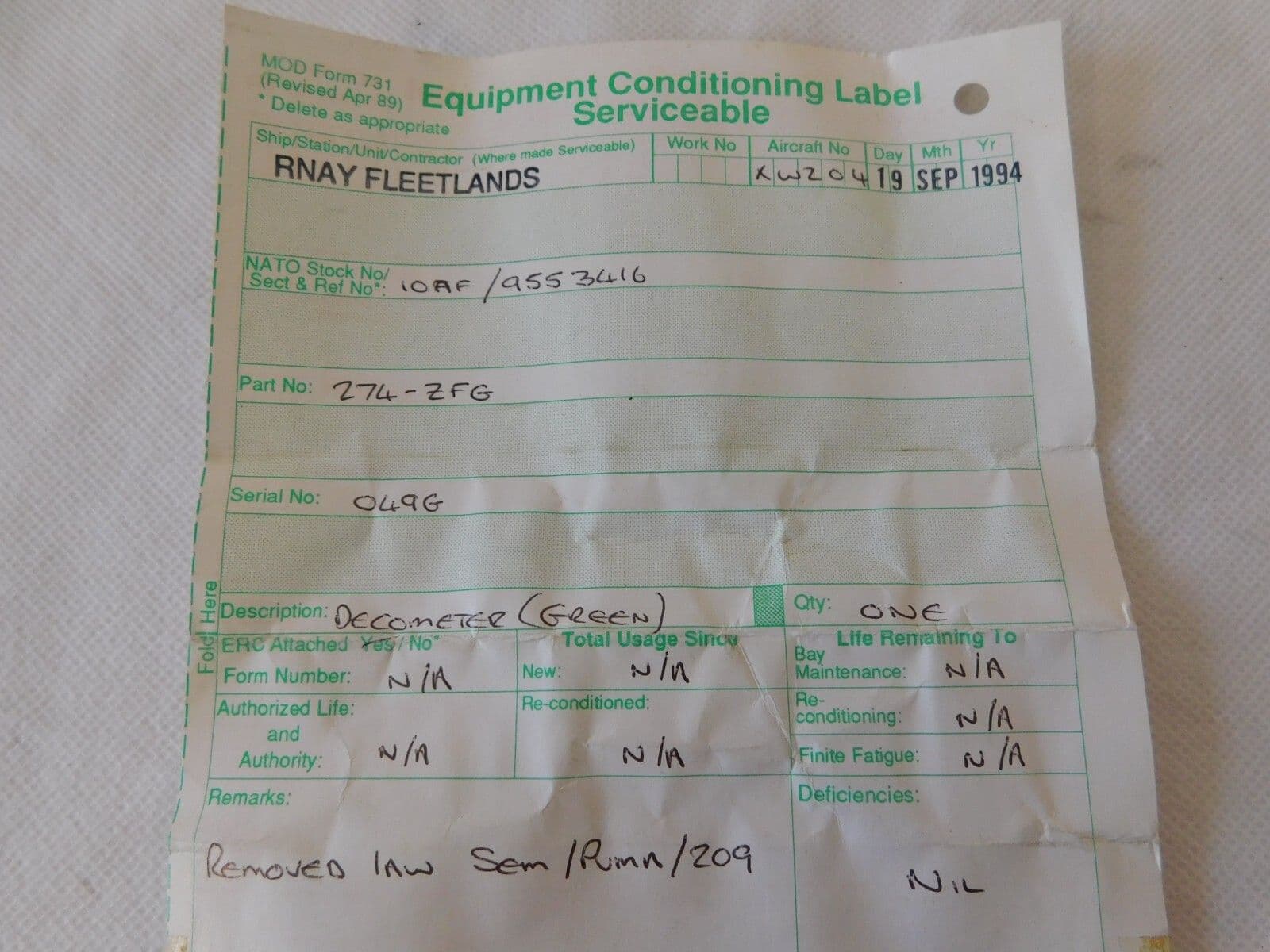 Westland Puma Helicopter HC1 Green Decometer MK V111 From XW204 D4C