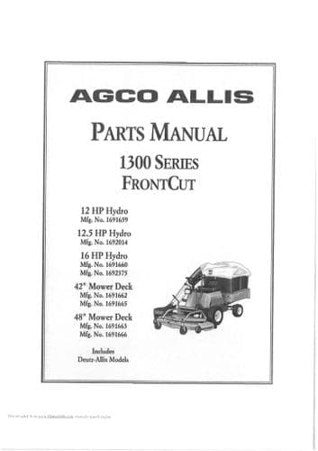 Agco Allis Front Cut Riding Mower - 1300 Series - 1312G42 1312H42 1313H42 1316H48 Parts Manual