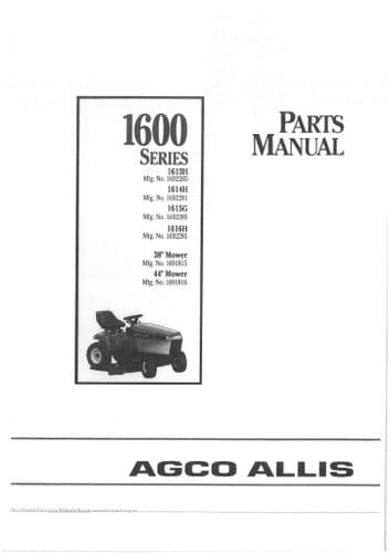 Agco Allis Ride On Mower - 1600 Series - 1613H 1614H 1615G 1616H 38inch 44inch Parts Manual