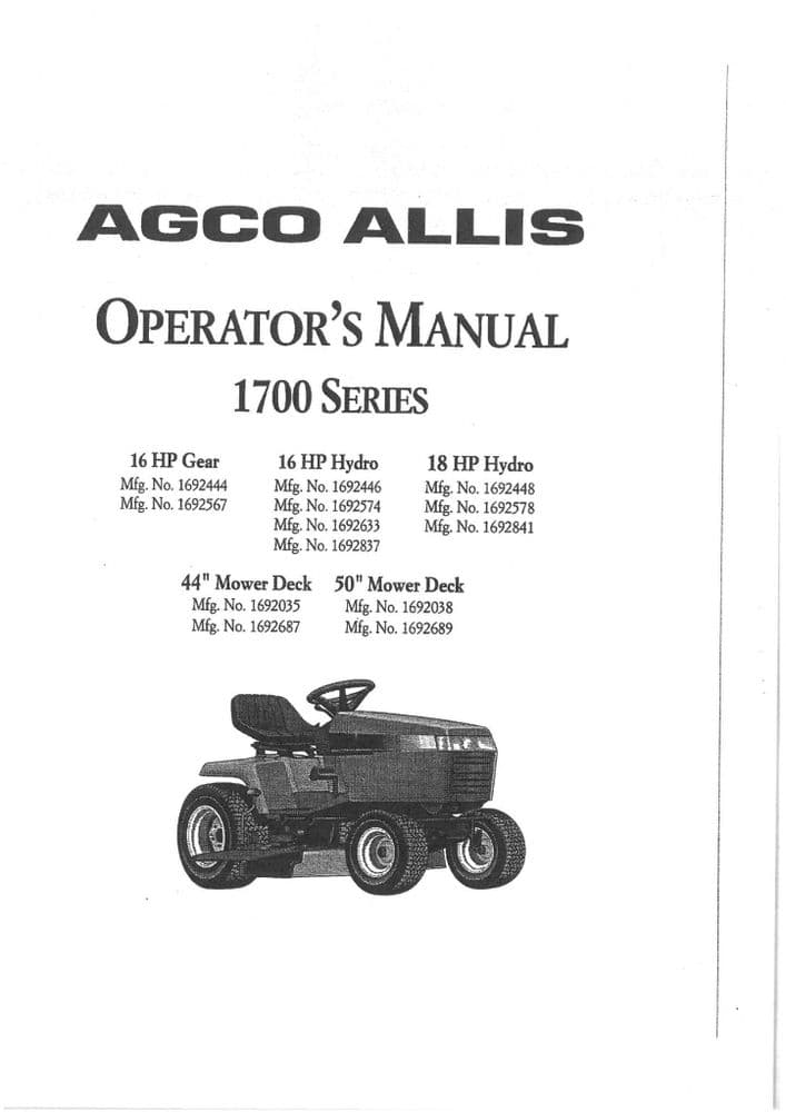Agco Allis Ride on Mower 1700 Series 16HP Gear 16HP Hydro 18HP Hydro 44