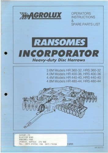 Agrolux Ransomes Heavy-Duty Disc Harrows 3.6M, 4.0M, 4.4M, 4.8M, HR360-23, HR400-36 Operators Manual