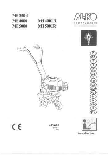 Al-Ko Alko Rotavator MH350-4 MH4000 MH5000 MH4001R MH5001R Opertors Manual and Spare Parts List