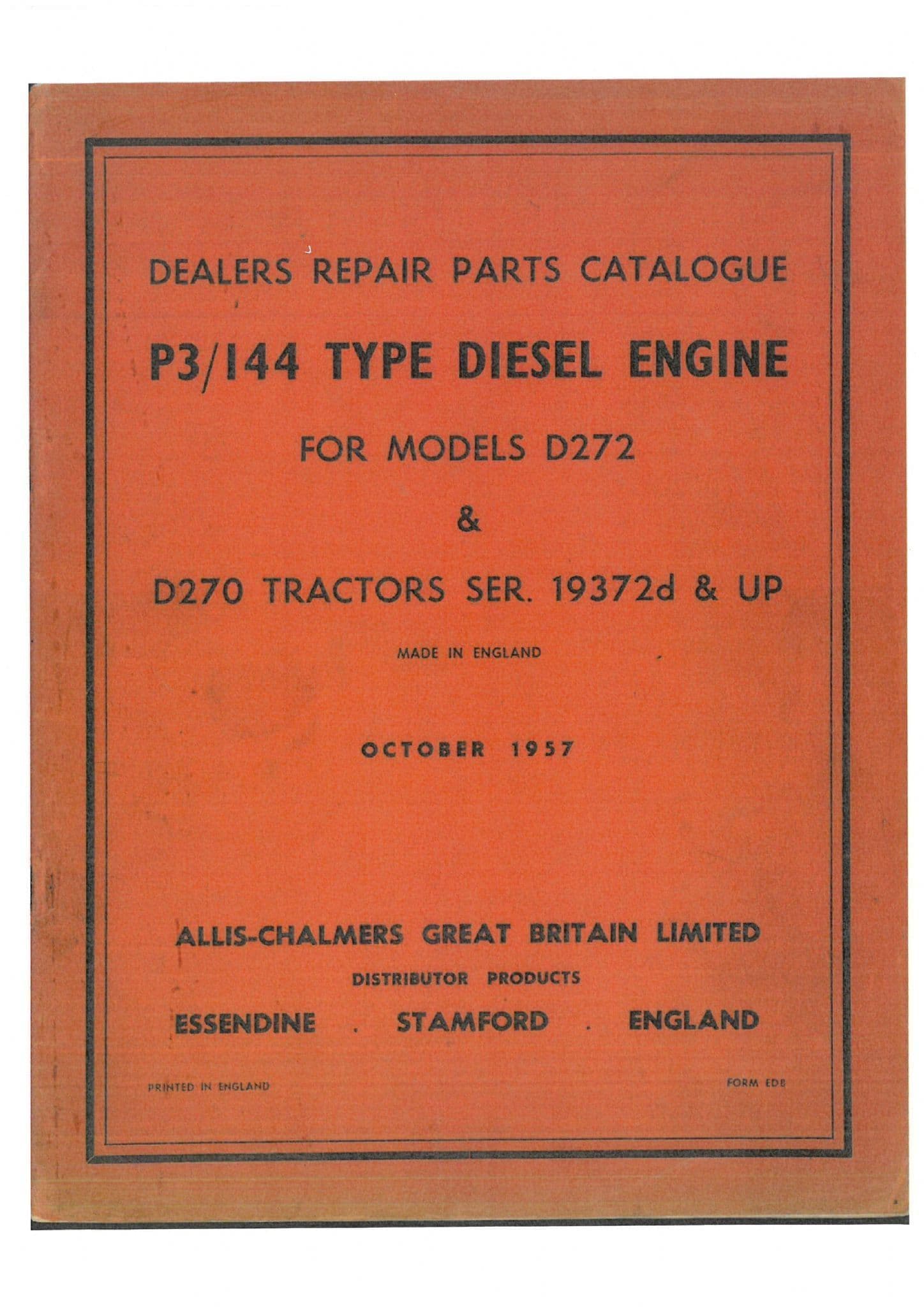 Allis Chalmers Tractor D272 P3 144 Diesel Engine Parts Manual