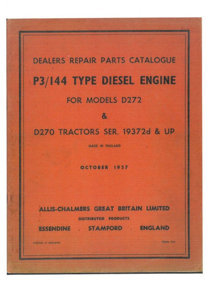 Allis Chalmers Tractor D272 P3 144 Diesel Engine Parts Manual