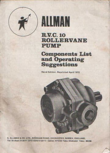 Allman RVC 10 Rollervane Pump Components List and Operating Suggestions Manual