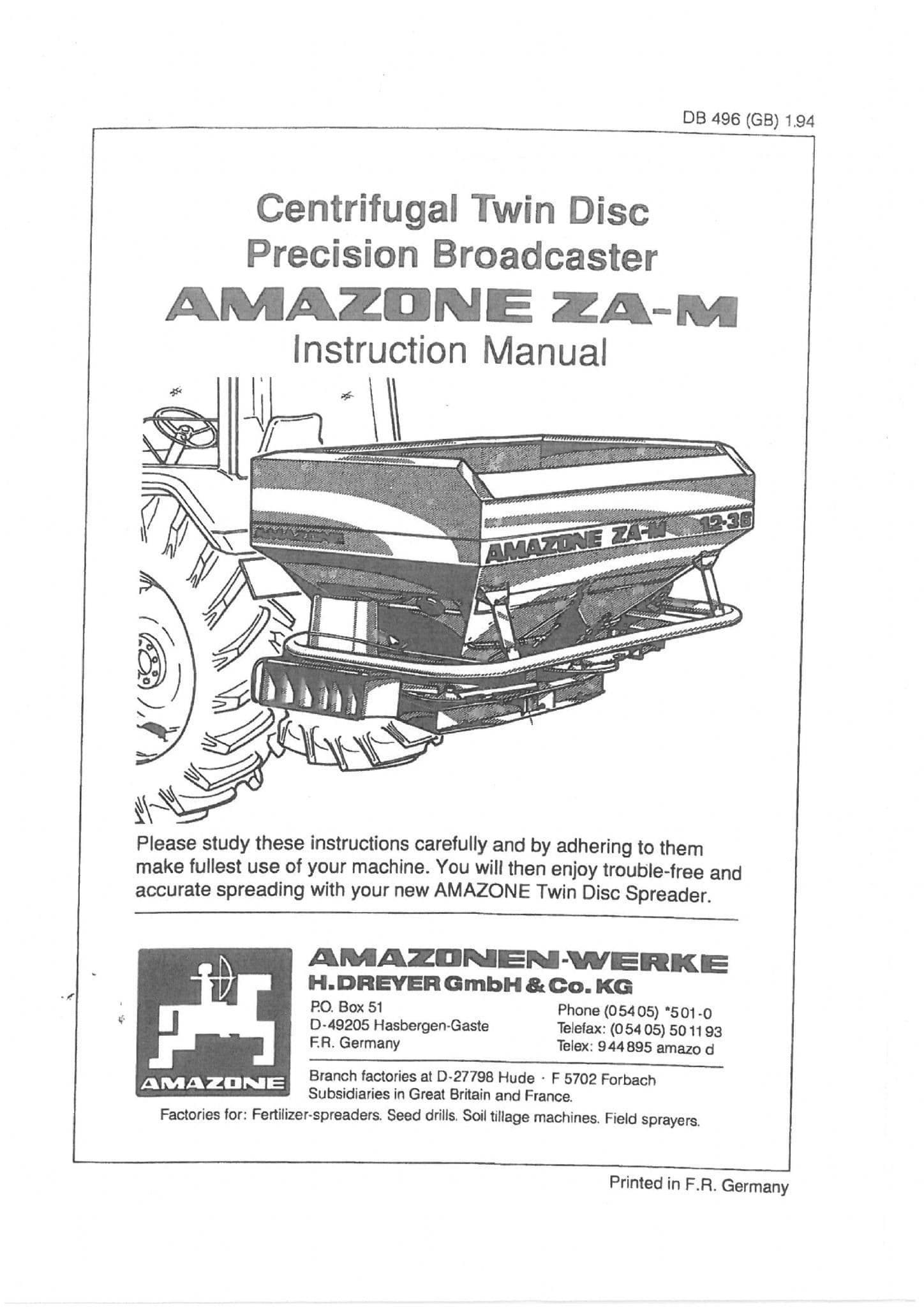 Amazone Fertiliser Spreader Centrifugal Twin Disc Precision Broadcaster