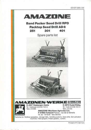 Amazone Seed Drill RPD 251 301 401 - AD8 Packtop Parts Manual