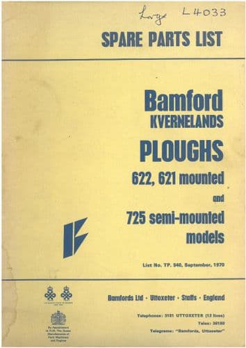 Bamford Kverneland 621, 622 & 725 Plough Parts Manual