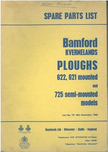 Bamford Kverneland 621 & 622 Mounted Plough & 725 Semi-Mounted Plough Parts Manual