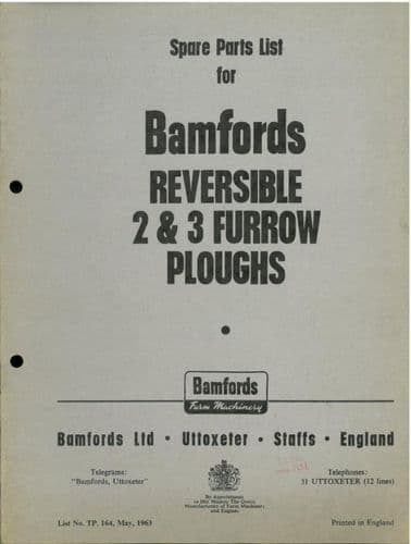 Bamford Reversible 2 & 3 Furrow Plough Parts Manual - Dated 1963