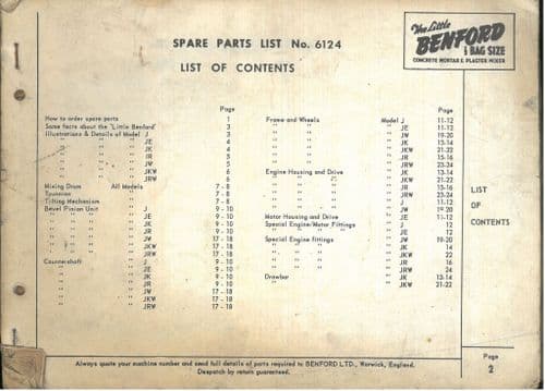 Benford Tilting Drum Concrete Mixer J JE JK JR JW JKW JRW Parts Manual
