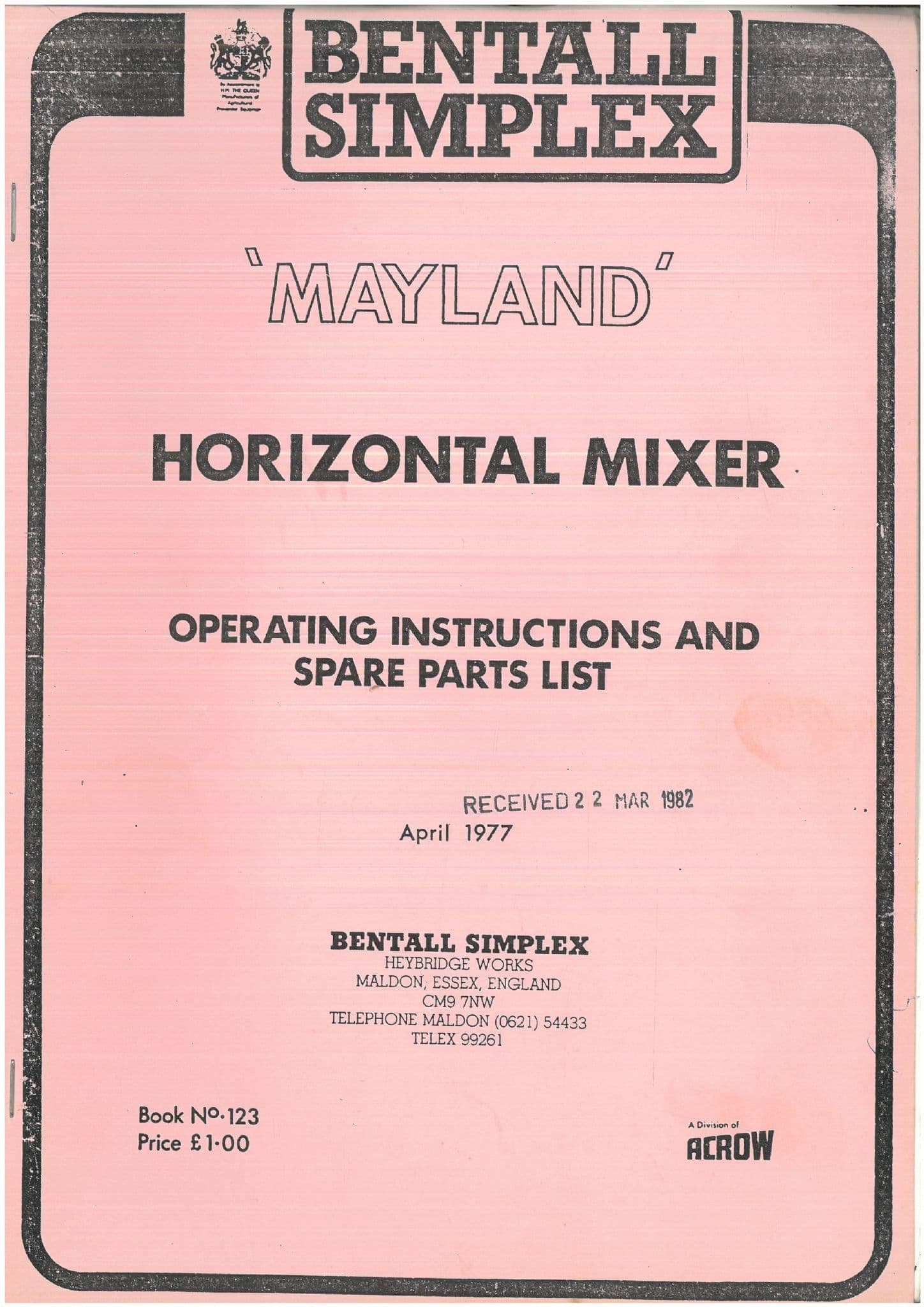 Bentalls Simplex Horizontal Mixer Mayland Operators Manual and Spare ...