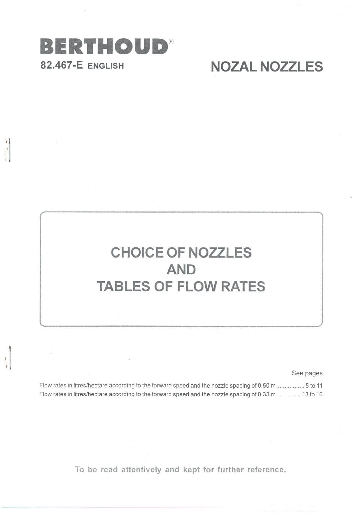 Berthoud Sprayer Choice of Nozzles & Tables of Flow Rate Manual