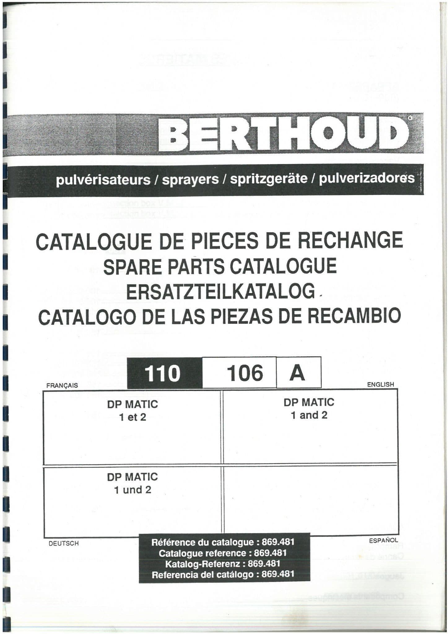 Berthoud Sprayer DP Matic 1 and 2 110 106 A Parts Manual