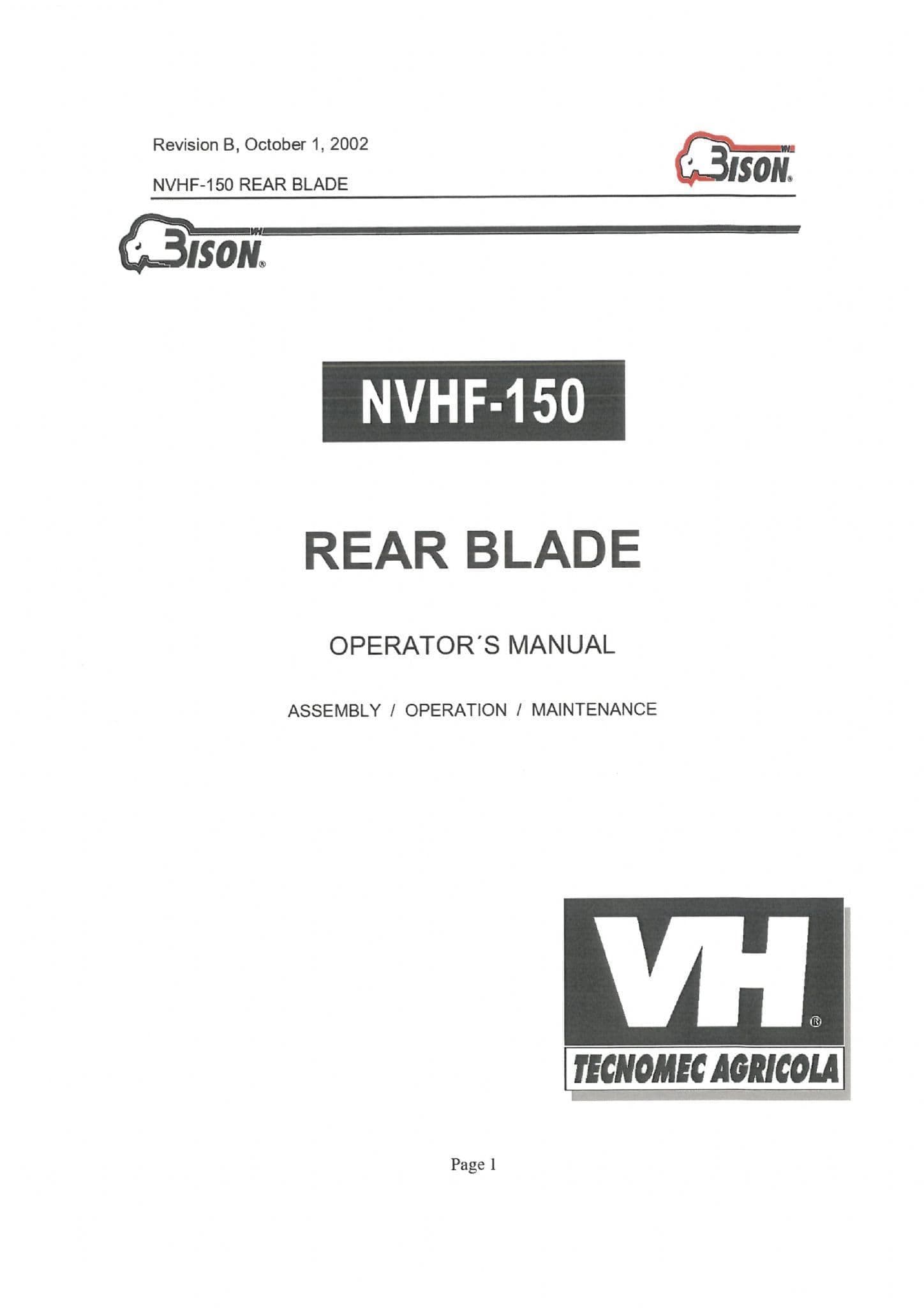Bison Rear Blade NVHF150 Operators Manual