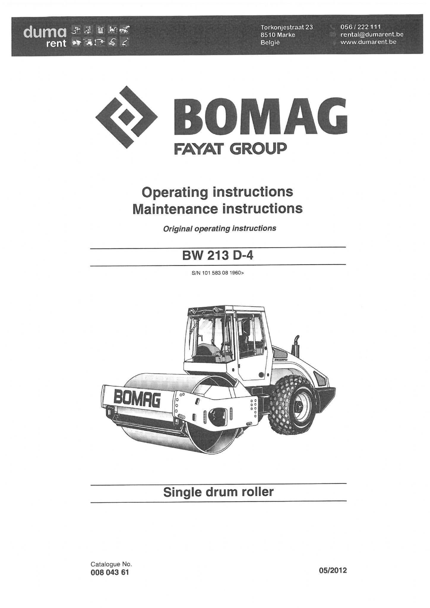 Bomag Single Drum Roller BW213 D4 Operators Manual