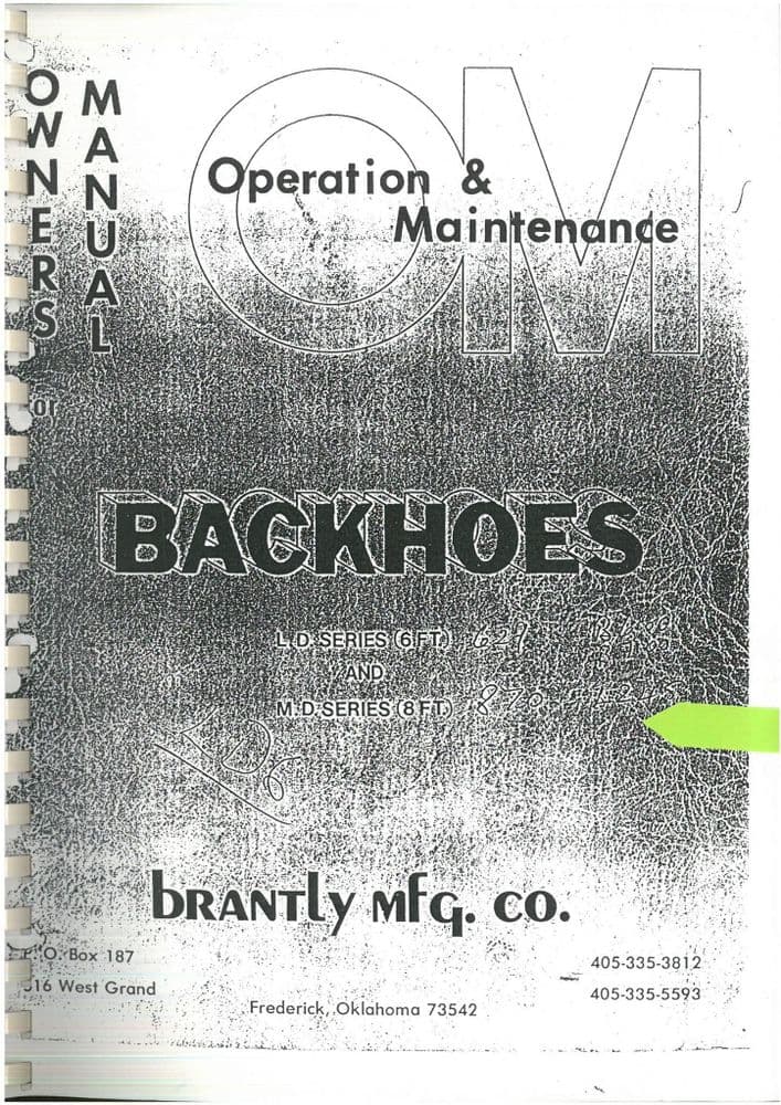 Brantley Mfg Co/Kubota Backhoe LD6 & MD8 Operators Manual