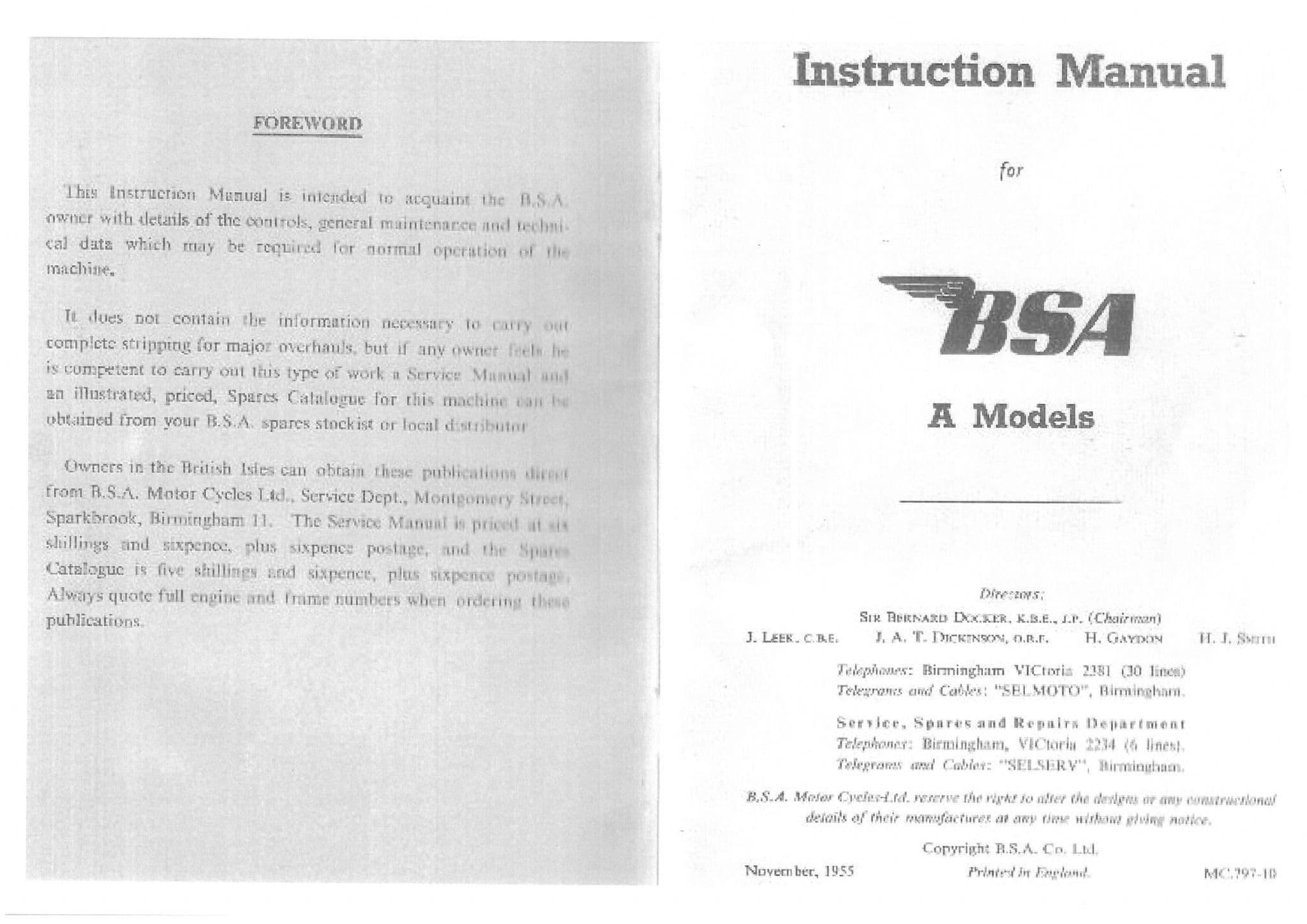 BSA Engine A7 A10 OHV 500cc 650cc Twin, Shooting Star, Golden Flash, Road Rocket Operators Manual