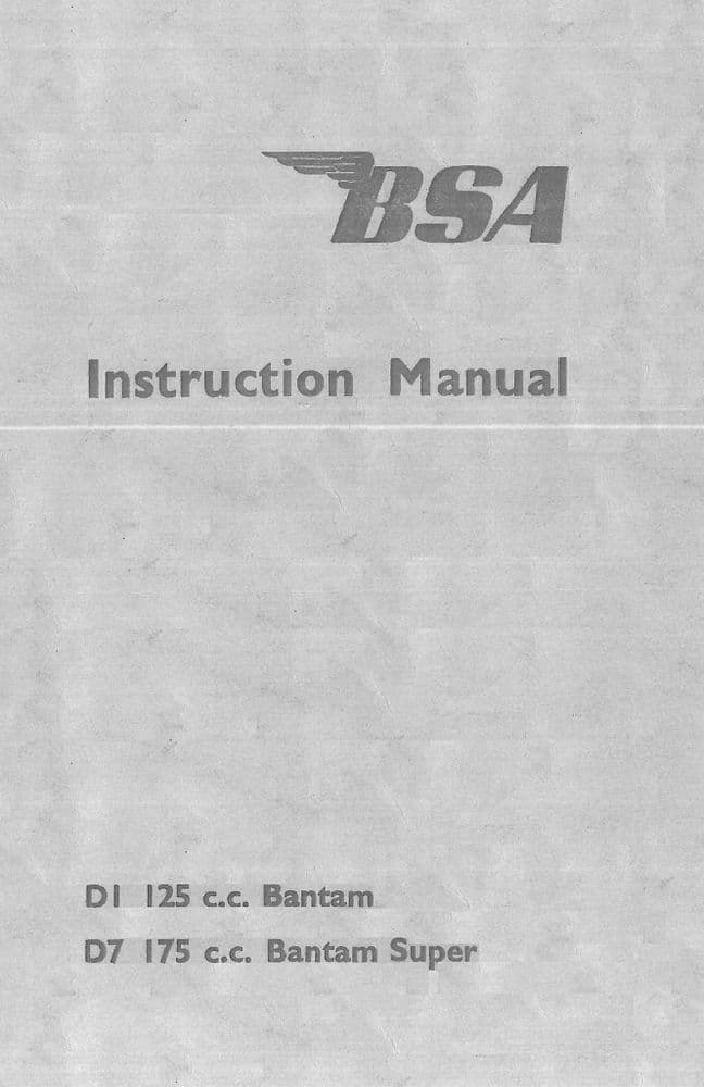 BSA Engine D1 D7 125cc 175cc Bantam & Super Bantam 1959 Operators Manual