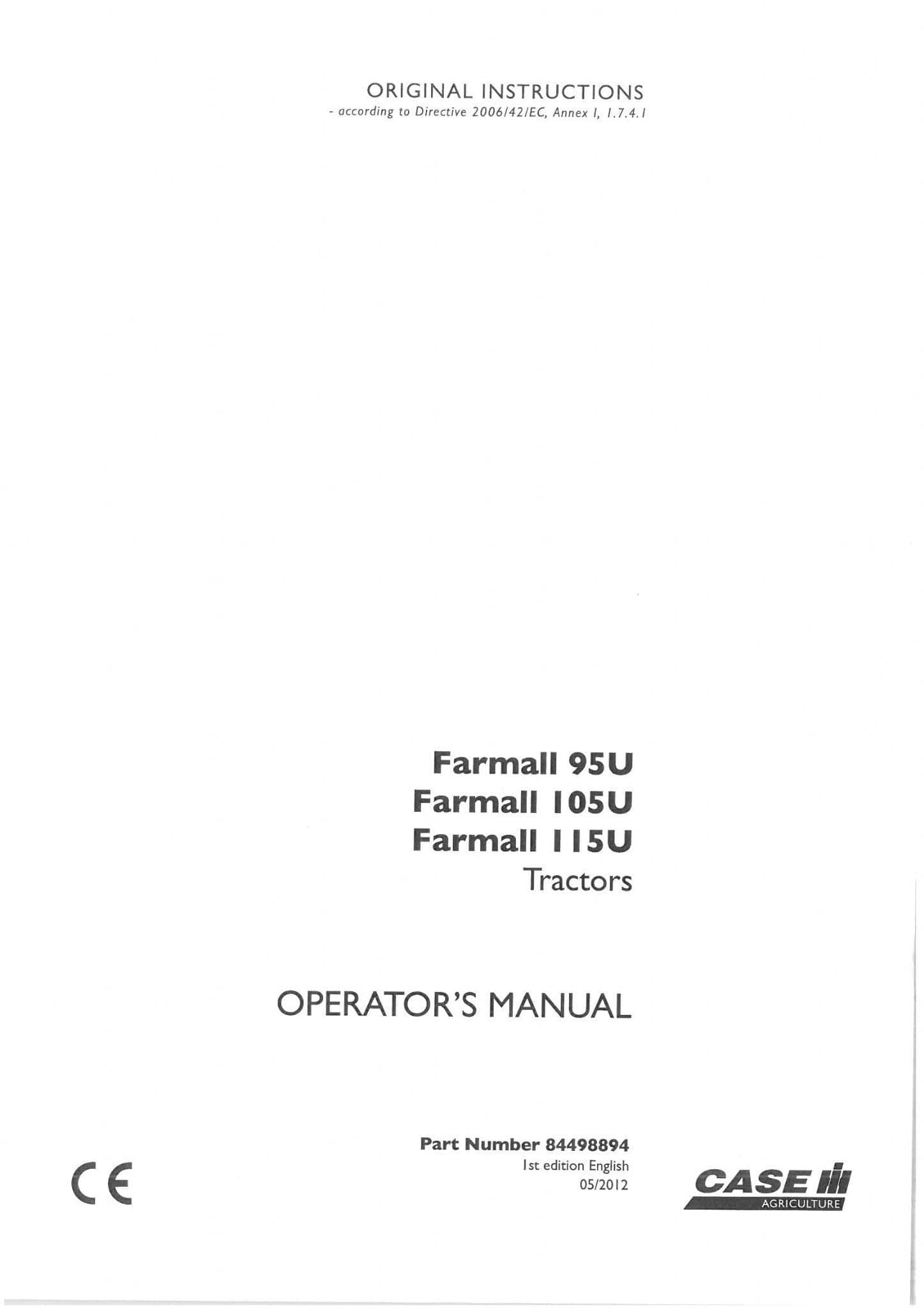 Case IH Tractor Farmall 95U 105U 115U Operators Manual 95 105 115 U