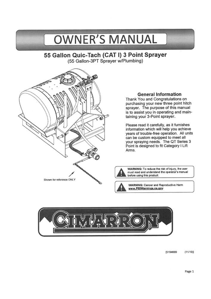 Tach Rig Operator Cimarron 3 Point Sprayer 55 Gallon Quic-Tach Operators Manual