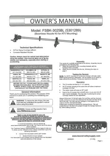 Cimarron 9 Boomless Nozzle Kit FSBK3025BL Operators Manual