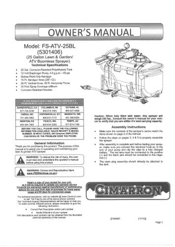 Cimarron ATV Boomless Lawn and Garden Spot Sprayer FSATV25BL 25 Gallon Operators Manual
