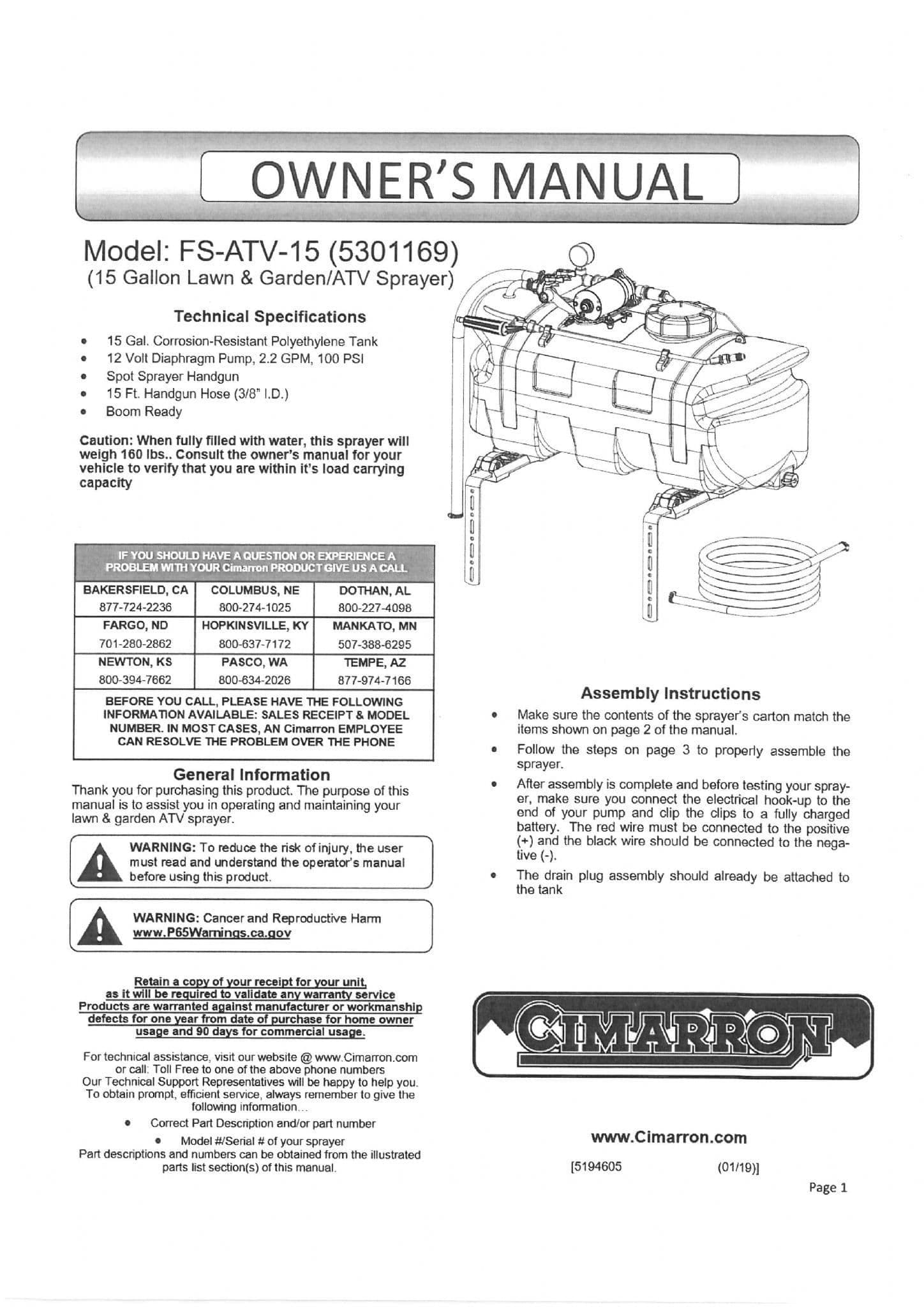 Cimarron ATV Lawn and Garden Spot Sprayer FSATV15 Gallon Operators Manual