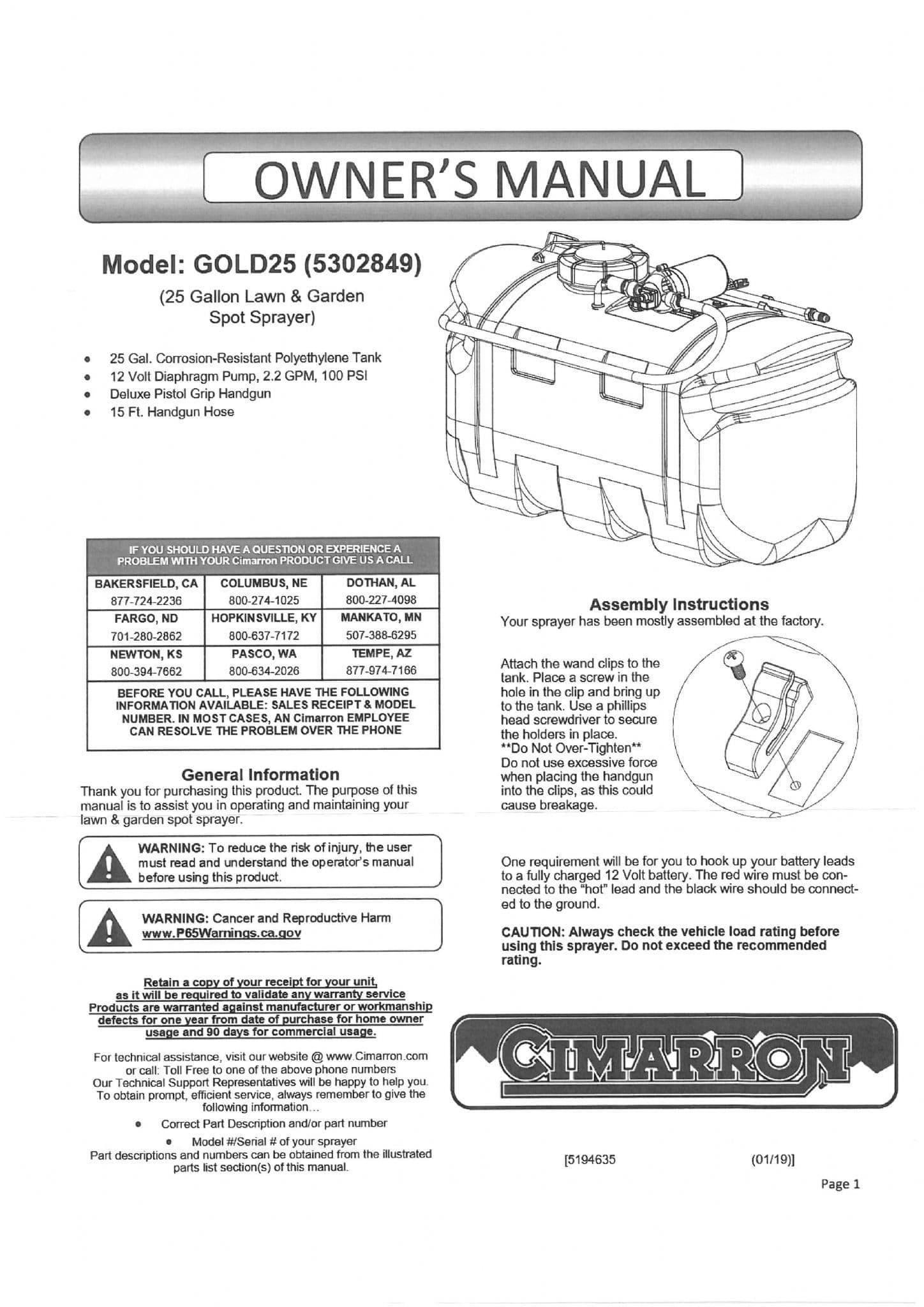 Cimarron ATV Lawn and Garden Spot Sprayer Gold25 Gallon Operators Manual