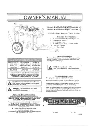 Cimarron Lawn and Garden Trailer Sprayer 25 Gallon FSTS25BLK & FSTS25BLU Operators Manual