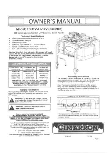 Cimarron Lawn and Garden UTV Trailer Sprayer 45 Gallon FSUTV45-12V Operators Manual