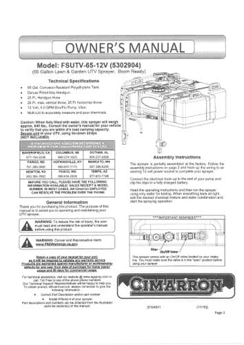Cimarron Lawn and Garden UTV Trailer Sprayer 65 Gallon FSUTV65-12V Operators Manual