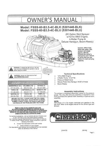 Cimarron Skid Sprayer Boom Ready  60 Gallon FSSS-60-B3.5-4CBLK & FSSS-60-B3.5-4C-BLU Operators Manua