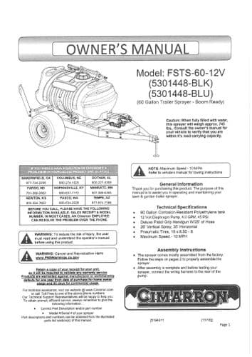Cimarron Trailer Sprayer Boom Ready  60 Gallon FSTS60-12V Operators Manual
