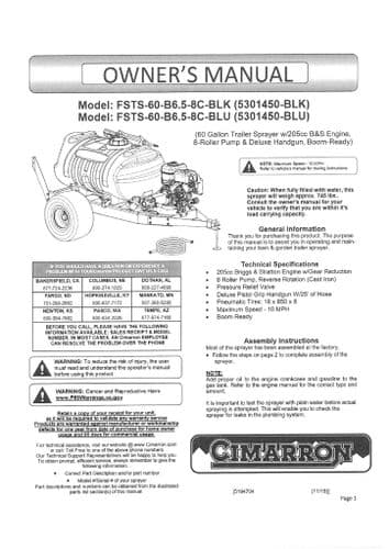 Cimarron Trailer Sprayer Boom Ready  60 Gallon FSTS60-B6.5-8C-BLK  Operators Manual