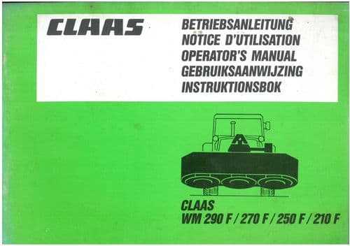 Claas Rotary Mower  WM290F WM270F WM250F WM210F Operators Manual WM 290 270 250 210 F