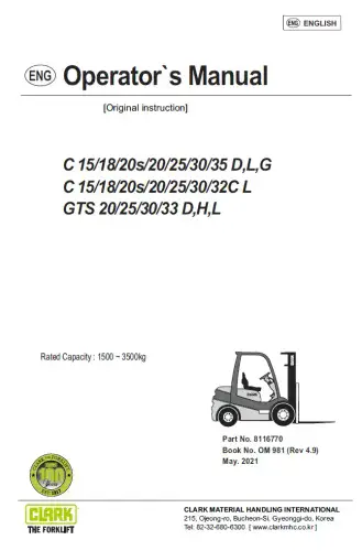 Clark Forklift C15/18/20s/20/25/30/35 D,L,G-C15/18/20s/20/25/30/32CL-GTS20/25/30/33 D,H,L Operators