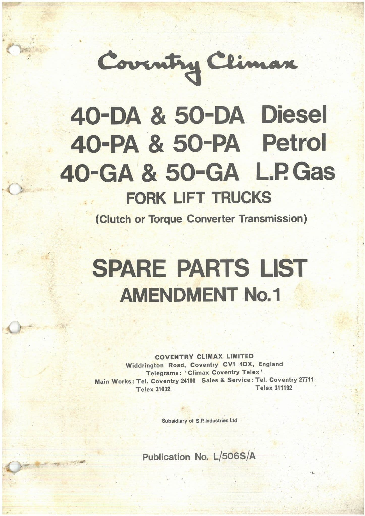 Coventry Climax Forklift Truck 40DA 50Da 40PA 50PA 40GA 50GA Diesel, Petrol, Gas Parts Manual