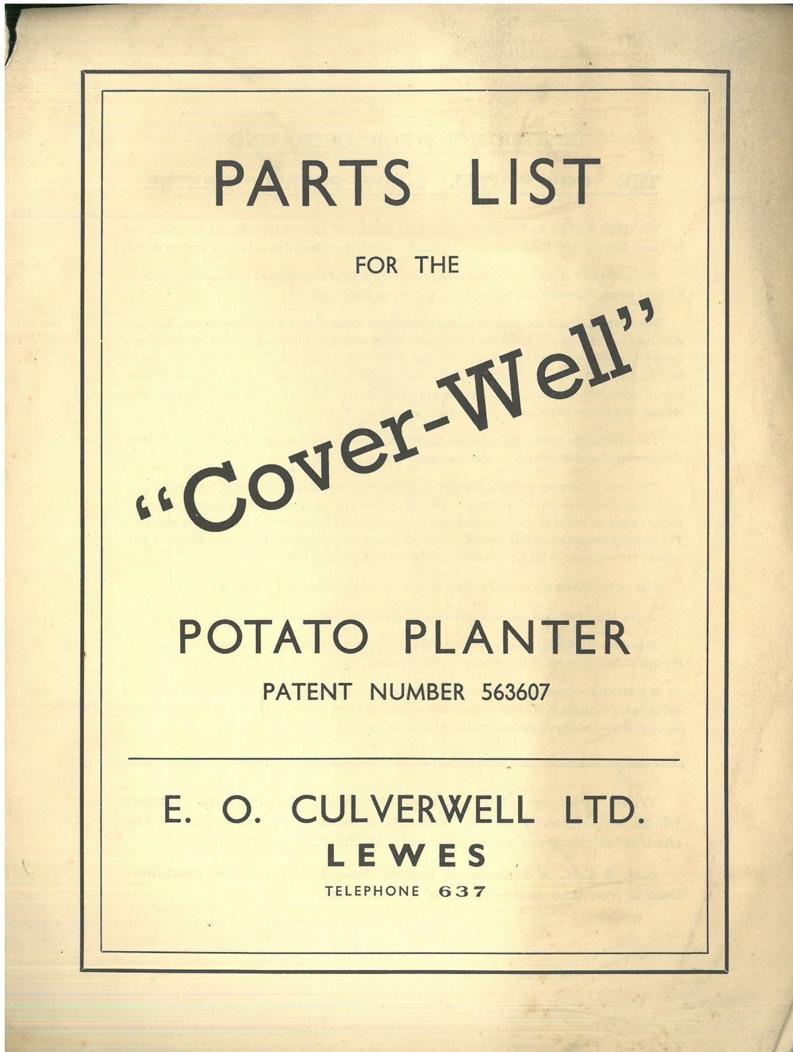 Cover-Well  Potato Planter Parts Manual