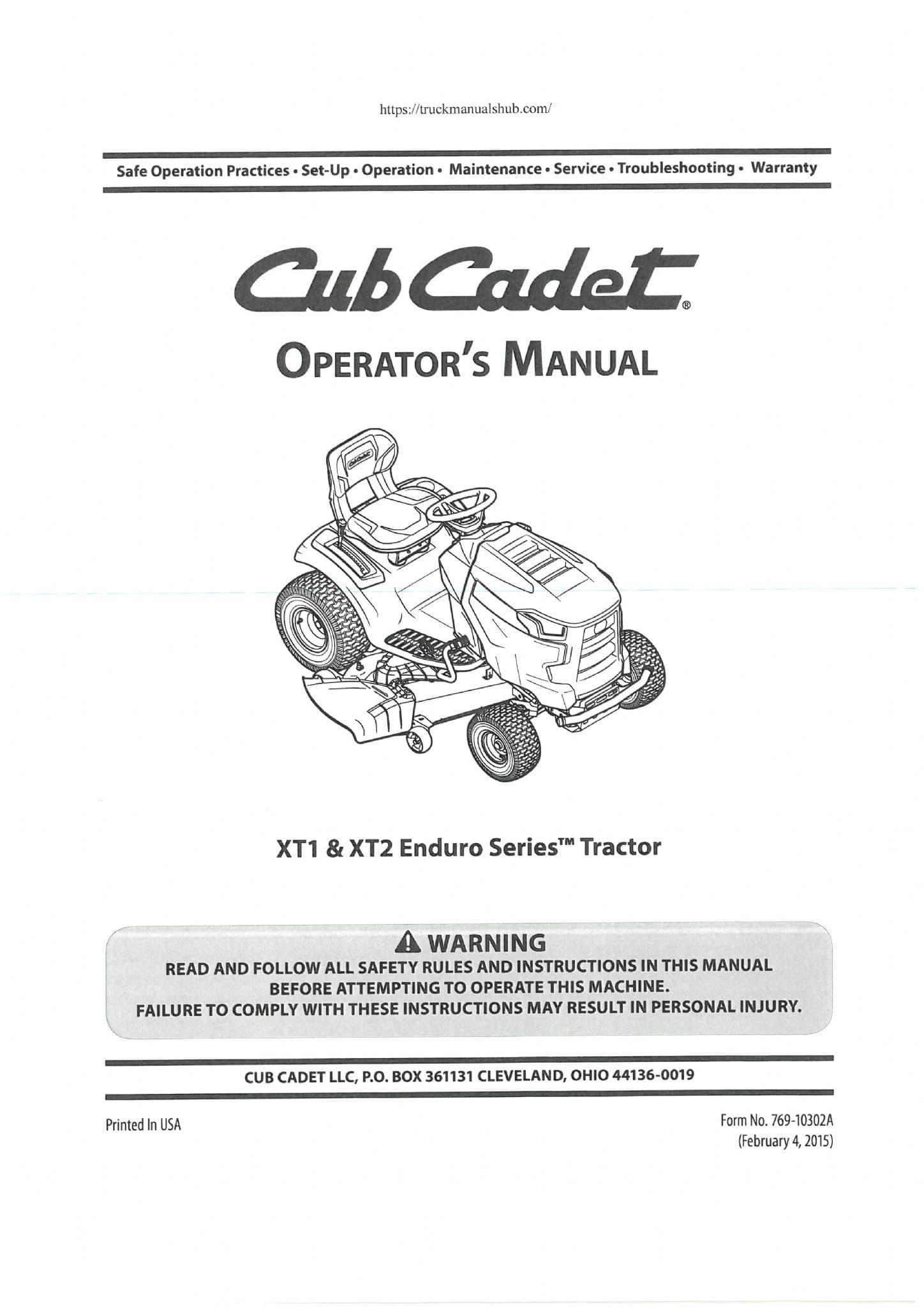 Cub Cadet Garden Tractor XT1 & XT2 Enduro Operators Manual